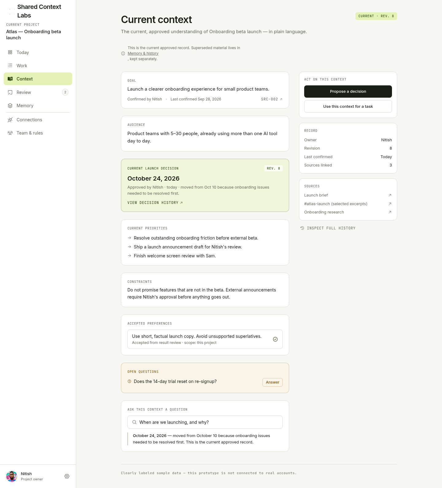 Sample Atlas workspace — Current context: approved project brief